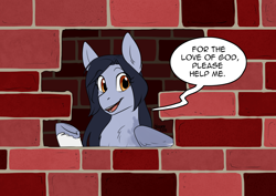 Size: 1694x1200 | Tagged: safe, artist:cosmalumi, imported from derpibooru, oc, oc only, pony, brick wall, chest fluff, commission, commissioner:reversalmushroom, crossover, edgar allan poe, female, immurement, mare, meme, open mouth, parody, ponified meme, raised hoof, smiling, solo, the cask of amontillado, underhoof