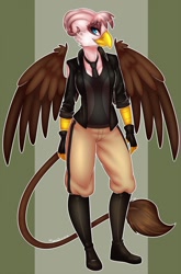 Size: 844x1280 | Tagged: safe, artist:bumblebun, imported from derpibooru, oc, oc:iris ironhide, anthro, griffon, beak, boots, clothes, female, fingerless gloves, gloves, griffon oc, police officer, police uniform, shoes