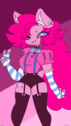 Size: 1152x2048 | Tagged: safe, artist:skittywanuskitz, imported from derpibooru, pinkie pie, anthro, earth pony, blouse, bow, choker, clothes, ear fluff, evening gloves, female, fingerless elbow gloves, fingerless gloves, garter belt, garters, gloves, long gloves, long hair, looking at you, no nose, no pupils, one eye closed, peace sign, puffy sleeves, smiling, smiling at you, socks, solo, stockings, striped gloves, suspenders, thigh highs, wink, winking at you, zettai ryouiki