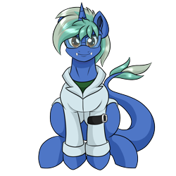 Size: 1200x1200 | Tagged: safe, artist:novaspark, derpibooru exclusive, imported from derpibooru, oc, oc only, oc:nova spark, monster pony, original species, tatzlpony, derpibooru community collaboration, 2022 community collab, clothes, fangs, female, lab coat, simple background, sitting, solo, transparent background