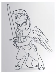 Size: 3000x4000 | Tagged: safe, artist:toanderic, imported from derpibooru, oc, oc only, oc:elusive shield, pegasus, armor, bipedal, helmet, male, night guard, night guard armor, on hind legs, stallion, sword, weapon