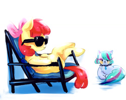 Size: 1280x1015 | Tagged: safe, artist:mirululu, imported from derpibooru, apple bloom, oc, oc:turquiose scale, cat, earth pony, pony, beach chair, chair, female, filly, foal, simple background, sunglasses, white background