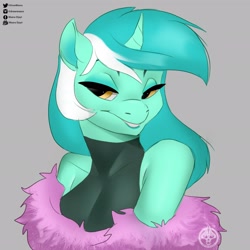 Size: 2048x2048 | Tagged: safe, artist:maàra djayt, imported from derpibooru, lyra heartstrings, anthro, unicorn, bust, female, gray background, high res, lidded eyes, simple background, solo