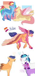 Size: 2000x4300 | Tagged: safe, artist:uunicornicc, imported from derpibooru, flash sentry, shining armor, twilight sparkle, pony, colored wings, female, gender headcanon, headcanon, lesbian, lesbian pride flag, lgbt headcanon, lying down, multicolored wings, pride, pride flag, prone, scar, sexuality headcanon, simple background, transgender, transgender pride flag, white background, wings