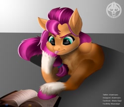 Size: 1261x1083 | Tagged: safe, artist:maàra djayt, imported from derpibooru, sunny starscout, earth pony, pony, :p, book, coat markings, female, fluffy, g5, mare, my little pony: a new generation, reading, socks (coat markings), solo, tongue out