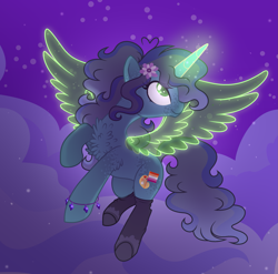 Size: 2205x2180 | Tagged: safe, artist:xxcheerupxxx, imported from derpibooru, oc, oc:savannah london, pony, unicorn, artificial wings, artists palette, augmented, bracelet, chest fluff, clothes, female, flower, flower in hair, flying, gemstones, glowing, glowing horn, glowing wings, green eyes, high res, horn, jewelry, lesbian pride flag, magic, magic wings, mare, mottled coat, night, night sky, pride, pride flag, sky, smiling, socks, solo, tail, two toned tail, wings