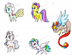 Size: 2076x1586 | Tagged: safe, artist:ask-y, imported from derpibooru, oc, oc only, changeling, draconequus, pegasus, pony, unicorn, changeling oc, draconequus oc, female, horn, interspecies offspring, magical lesbian spawn, mare, offspring, one eye closed, parent:applejack, parent:discord, parent:fluttershy, parent:pinkie pie, parent:rainbow dash, parent:rarity, parent:starlight glimmer, parent:thorax, parent:twilight sparkle, parents:discodash, parents:rarijack, parents:twishy, pegasus oc, raised hoof, smiling, traditional art, unicorn oc, wings, wink