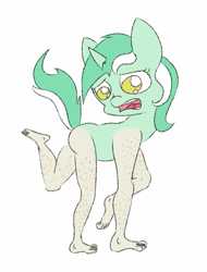 Size: 655x861 | Tagged: artist needed, safe, imported from twibooru, lyra heartstrings, pony, unicorn, alarmed, anatomically incorrect, dismay, feets, female, human feet, human legs, image, incorrect leg anatomy, l.u.l.s., mare, not salmon, png, she needs to shave her legs for real tho, simple background, that pony sure does love humans, wat, what has magic done, white background