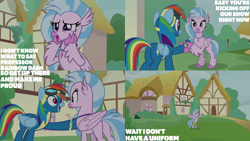 Size: 4400x2475 | Tagged: safe, edit, edited screencap, editor:quoterific, imported from derpibooru, screencap, rainbow dash, silverstream, hippogriff, pegasus, pony, season 9, uprooted, spoiler:s09, bipedal, clothes, female, goggles, handshake, mare, open mouth, open smile, smiling, uniform, wonderbolts uniform