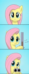 Size: 1396x3567 | Tagged: safe, artist:doublewbrothers, edit, fluttershy, cropped, dexterous hooves, disapproval, gun, reaction image, shocked, shotgun, simple background, solo, the last thing you see before you die, weapon