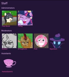 Size: 672x756 | Tagged: safe, imported from ponybooru, mare do well, pinkie pie, twilight sparkle, oc, oc:floor bored, kirin, cup, meta, neet, staff list, teacup, twibooru