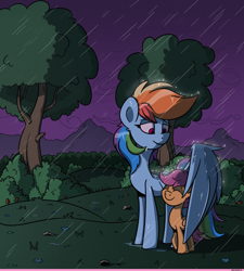 Size: 1676x1862 | Tagged: safe, artist:la hum, imported from derpibooru, rainbow dash, scootaloo, pony, caring, cute, rain, scootalove, tree, wings