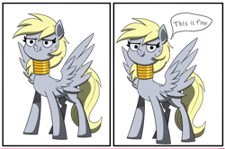 Size: 3801x2531 | Tagged: safe, artist:la hum, imported from derpibooru, derpy hooves, pegasus, pony, 2 panel comic, comic, derp, derpy being derpy, neck rings, spread wings, sweat, sweatdrops, this is fine, wings