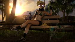 Size: 3840x2160 | Tagged: safe, artist:dawnypegasussfm, imported from derpibooru, oc, oc only, oc:nikytaequeen, anthro, donkey, 3d, belly button, bench, breasts, chillaxing, clothes, commissioner:nickyequeen, energy drink, female, headphones, high res, monster energy, park, relaxing, running shoes, solo, sunset, tree