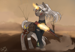 Size: 2156x1508 | Tagged: safe, artist:peachyloaf, imported from derpibooru, oc, oc:halcyon, pony, unicorn, fallout equestria, blood, fallout equestria oc, gun, horn, knife, original character do not steal, rifle, unicorn oc, weapon