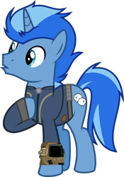 Size: 4000x5716 | Tagged: safe, artist:ponygamer2020, imported from derpibooru, oc, oc only, oc:quoterific, pony, unicorn, fallout equestria, absurd resolution, clothes, fallout, hoof on chest, horn, jumpsuit, male, pipboy, ponytail, simple background, solo, stallion, tail, transparent background, unicorn oc, vault suit, vector