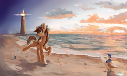 Size: 5000x3000 | Tagged: safe, artist:龙宠, imported from derpibooru, oc, oc only, bird, earth pony, pony, seagull, beach, lighthouse, solo