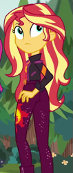 Size: 283x666 | Tagged: safe, imported from derpibooru, screencap, sci-twi, sunset shimmer, twilight sparkle, equestria girls, equestria girls series, sunset's backstage pass!, spoiler:eqg series (season 2), cropped, duo, duo female, female, frown, looking back, offscreen character, solo focus