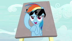 Size: 1280x720 | Tagged: safe, imported from derpibooru, screencap, rainbow dash, pegasus, pony, fame and misfortune, billboard, female, open mouth, solo, sunglasses, we're not flawless