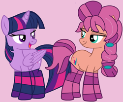 Size: 1504x1248 | Tagged: safe, artist:iambrillancethepg, artist:jadeharmony, imported from derpibooru, sunny starscout, twilight sparkle, alicorn, earth pony, pony, base used, clothes, duo, female, g5, looking at each other, looking at someone, mare, my little pony: a new generation, open mouth, pink background, show accurate, simple background, socks, striped socks, sunny and her heroine, twilight sparkle (alicorn)