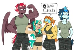 Size: 1269x837 | Tagged: safe, artist:redxbacon, imported from derpibooru, oc, oc:aerial swipe, oc:bush whack, oc:pin point, oc:snap back, anthro, earth pony, pegasus, unicorn, bra, breasts, camo pants, clothes, earth pony oc, female, flexing, furry, glasses, horn, military pony, muscles, muscular female, pegasus oc, standing, underwear, unicorn oc