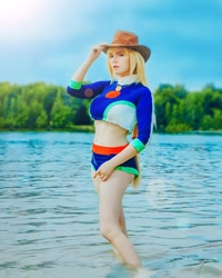 Size: 1080x1350 | Tagged: safe, imported from derpibooru, applejack, human, equestria girls, applejack's beach shorts swimsuit, belly button, breasts, clothes, cosplay, costume, cowboy hat, hat, irl, irl human, photo