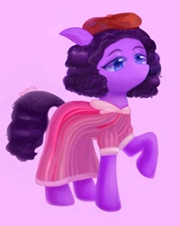 Size: 1592x1989 | Tagged: safe, artist:laurasrxfgcc, imported from derpibooru, oc, oc only, earth pony, pony, curly mane, human to pony, pink background, simple background, solo