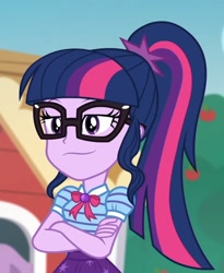 Size: 1501x1830 | Tagged: safe, imported from derpibooru, screencap, sci-twi, twilight sparkle, equestria girls, equestria girls series, holidays unwrapped, spoiler:eqg series (season 2), cropped, crossed arms, female, geode of telekinesis, glasses, magical geodes, ponytail, smiling, smirk, smug, smuglight sparkle, solo, the cider louse fools