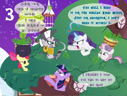 Size: 1280x960 | Tagged: safe, artist:bronybyexception, artist:cheezedoodle96, artist:daafroman, artist:jeatz-axl, artist:slb94, artist:sollace, artist:somepony, artist:soren-the-owl, artist:stinkehund, artist:uxyd, edit, imported from derpibooru, apple bloom, rarity, sweetie belle, twilight sparkle, zecora, earth pony, pony, unicorn, zebra, 3, advent calendar, apple bloom is not amused, bucket, cauldron, christmas, dexterous hooves, dialogue, female, fight, filly, golden oaks library, holiday, hoof hold, magic, mare, mistletoe, puffy cheeks, rooftop, sickle, snow, snowfall, this will end in poisoning, unamused, unicorn twilight, yelling