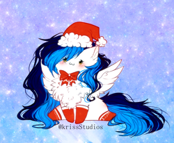 Size: 2404x1978 | Tagged: safe, artist:krissstudios, imported from derpibooru, oc, oc only, oc:blue star, pegasus, pony, chest fluff, chibi, christmas, clothes, female, hat, holiday, mare, santa hat, socks, solo