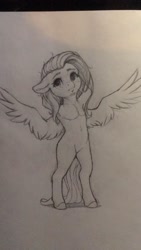 Size: 1152x2048 | Tagged: safe, artist:miokomata, imported from derpibooru, fluttershy, pegasus, semi-anthro, arm behind head, armpits, female, floppy ears, freckles, freckleshy, grayscale, looking away, mare, monochrome, pencil drawing, solo, spread wings, traditional art, wings