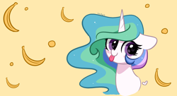 Size: 6800x3704 | Tagged: safe, artist:kittyrosie, imported from derpibooru, princess celestia, alicorn, pony, absurd resolution, banana, bananalestia, blush sticker, blushing, cute, cutelestia, food, heart, simple background, solo, tongue out, yellow background