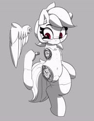 Size: 2617x3379 | Tagged: safe, artist:pabbley, imported from derpibooru, rainbow dash, pegasus, pony, robot, robot pony, belly button, female, gray background, grayscale, high res, mare, modular, monochrome, partial color, rainbot dash, roboticization, simple background, solo, wide hips