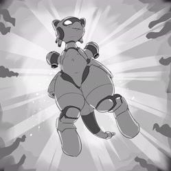 Size: 2867x2873 | Tagged: safe, artist:pabbley, imported from derpibooru, oc, oc only, pony, robot, robot pony, clothes, crepuscular rays, grayscale, high res, low angle, monochrome, solo, underwear, wide hips