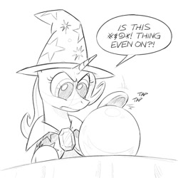 Size: 900x900 | Tagged: safe, artist:mellodillo, imported from derpibooru, trixie, pony, unicorn, brooch, cape, censored, censored vulgarity, clasp, clothes, crystal ball, female, grawlixes, grayscale, hat, jewelry, mare, monochrome, orb, pondering my orb, sketch, solo, speech bubble, swearing, trixie's brooch, trixie's cape, trixie's hat, underhoof, vulgar