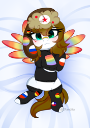 Size: 3064x4338 | Tagged: safe, artist:2pandita, imported from derpibooru, oc, oc only, pegasus, pony, clothes, colored wings, female, hat, mare, multicolored wings, socks, solo, sticker, sweater, ushanka, wings