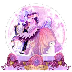 Size: 2500x2500 | Tagged: safe, artist:bunnari, imported from derpibooru, oc, oc only, oc:obsidia, oc:shining, alicorn, dog, pony, unicorn, clothes, colored wings, dress, female, high res, male, mare, plushie, puppy, simple background, snow globe, stallion, transparent background, two toned wings, wings