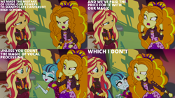 Size: 1280x720 | Tagged: safe, edit, edited screencap, editor:quoterific, imported from derpibooru, screencap, adagio dazzle, sonata dusk, sunset shimmer, equestria girls, equestria girls series, sunset's backstage pass!, spoiler:eqg series (season 2), clothes, crossed arms, eyes closed, female, geode of empathy, jacket, magical geodes, music festival outfit, open mouth, open smile, shrunken pupils, smiling