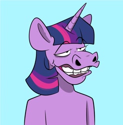 Size: 2016x2048 | Tagged: safe, artist:crookedbeetles, imported from derpibooru, twilight sparkle, anthro, unicorn, harsher in hindsight, high res, hilarious in hindsight, lidded eyes, nft, parody, solo, unicorn twilight