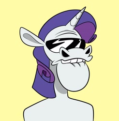 Size: 2016x2048 | Tagged: safe, artist:crookedbeetles, imported from derpibooru, rarity, anthro, unicorn, high res, lip bite, nft, parody, solo, sunglasses