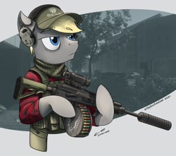 Size: 1920x1700 | Tagged: safe, artist:buckweiser, imported from derpibooru, oc, oc only, earth pony, semi-anthro, akm, cap, escape from tarkov, gun, hat, lidded eyes, rifle, solo, weapon