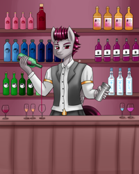 Size: 1600x2000 | Tagged: safe, artist:zachc, imported from derpibooru, oc, oc only, oc:rylo rum, anthro, pegasus, alcohol, bar, bartender, clothes, commission, glass, looking at you, male, solo, wine glass