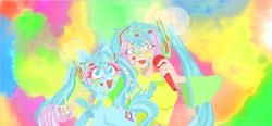 Size: 4096x1900 | Tagged: safe, artist:sugarfrogg_, imported from derpibooru, kotobukiya, earth pony, human, pony, anime, happy, hatsune miku, kotobukiya hatsune miku pony, microphone, music notes, ponified, self paradox, self ponidox, singing, smiling, vocaloid