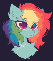 Size: 514x596 | Tagged: safe, artist:mirtash, imported from derpibooru, rainbow dash, pegasus, pony, alternate universe, black background, bust, chest fluff, ear fluff, eye clipping through hair, female, mare, portrait, scar, simple background, solo