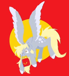 Size: 1139x1254 | Tagged: safe, artist:sugarfrogg_, imported from derpibooru, derpy hooves, pegasus, pony, flying, happy meal, mcdonald's, mouth hold, red background, simple background, solo, spread wings, wings