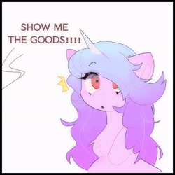 Size: 2048x2048 | Tagged: safe, artist:blairvonglitter, imported from derpibooru, izzy moonbow, pony, unicorn, :o, chest fluff, dialogue, emanata, g5, high res, my little pony: a new generation, open mouth, show me the goods, solo, surprised