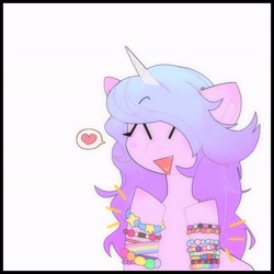 Size: 2048x2048 | Tagged: safe, artist:blairvonglitter, imported from derpibooru, izzy moonbow, pony, unicorn, ^^, bracelet, eyes closed, friendship bracelet, g5, happy, heart, high res, jewelry, my little pony: a new generation, pictogram, smiling, solo, spoken heart