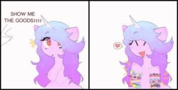 Size: 4072x2048 | Tagged: safe, artist:blairvonglitter, edit, imported from derpibooru, izzy moonbow, pony, unicorn, 2 panel comic, :o, ^^, bracelet, comic, cute, emanata, eyes closed, friendship bracelet, g5, happy, heart, izzybetes, jewelry, my little pony: a new generation, open mouth, open smile, pictogram, show me the goods, smiling, solo, speech bubble, spoken heart