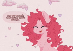 Size: 1242x871 | Tagged: safe, artist:blairvonglitter, imported from derpibooru, pinkie pie, earth pony, pony, chest fluff, dialogue, eyes closed, happy, heart, smiling, solo