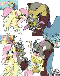 Size: 1100x1400 | Tagged: safe, artist:pegacousin, imported from derpibooru, screencap, discord, fluttershy, draconequus, pegasus, keep calm and flutter on, to where and back again, alternate design, antlers, choking, duo, female, grin, hug, hugging a pony, male, scene interpretation, screencap reference, shipping fuel, simple background, smiling, stare, tattoo, the stare, white background, wings
